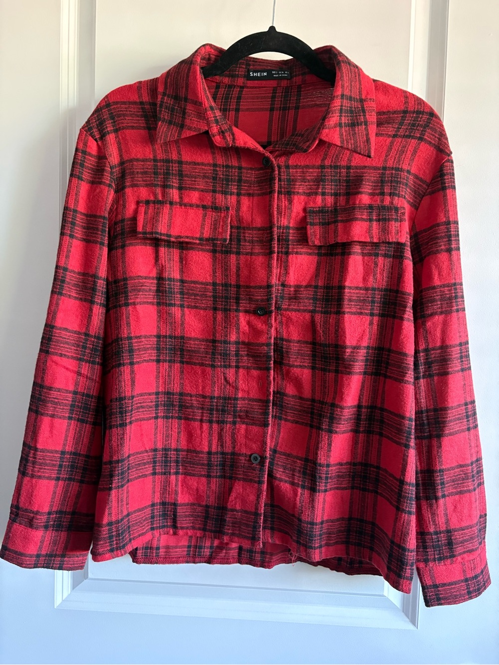 SHEIN Red & Black Plaid Utility Shacket